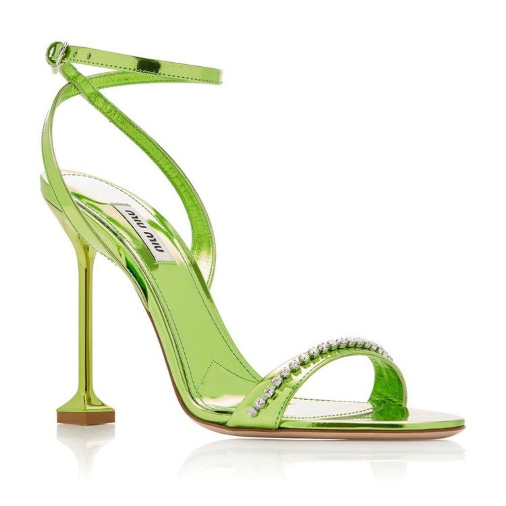 Miu Miu Calzature Donna Crystal-Trimmed Metallic Leather Sandals Heels - Picture 1 of 12